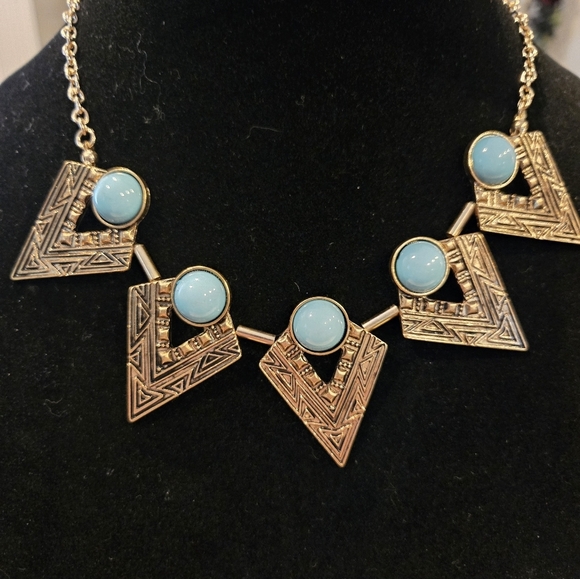 Gold and Blue Geometric Necklace - Picture 1 of 4